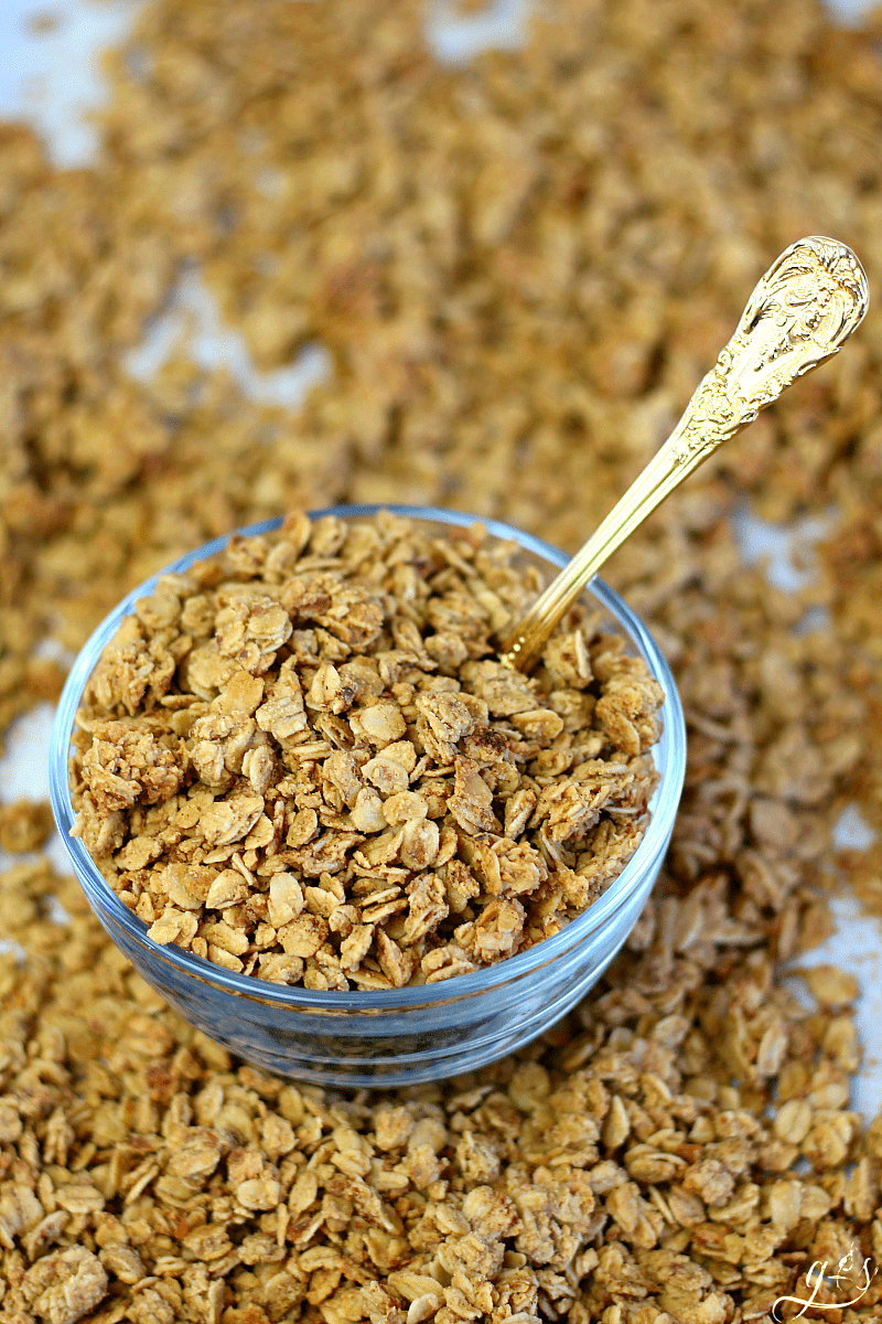 French Toast Granola | Homemade is always better right? It's usually more healthy! This gluten-free recipe has delicious clusters of almond pulp and oatmeal in a syrup-y caramel sauce that tastes just like your favorite breakfast. Use almond butter, vanilla, and maple extract to achieve this easy vegan snack. If you don't have almond pulp use coconut shreds or nuts.This clean eating and no sugar granola makes a great yogurt topper or eat it like cereal with milk! #vegan #glutenfree #cleaneating