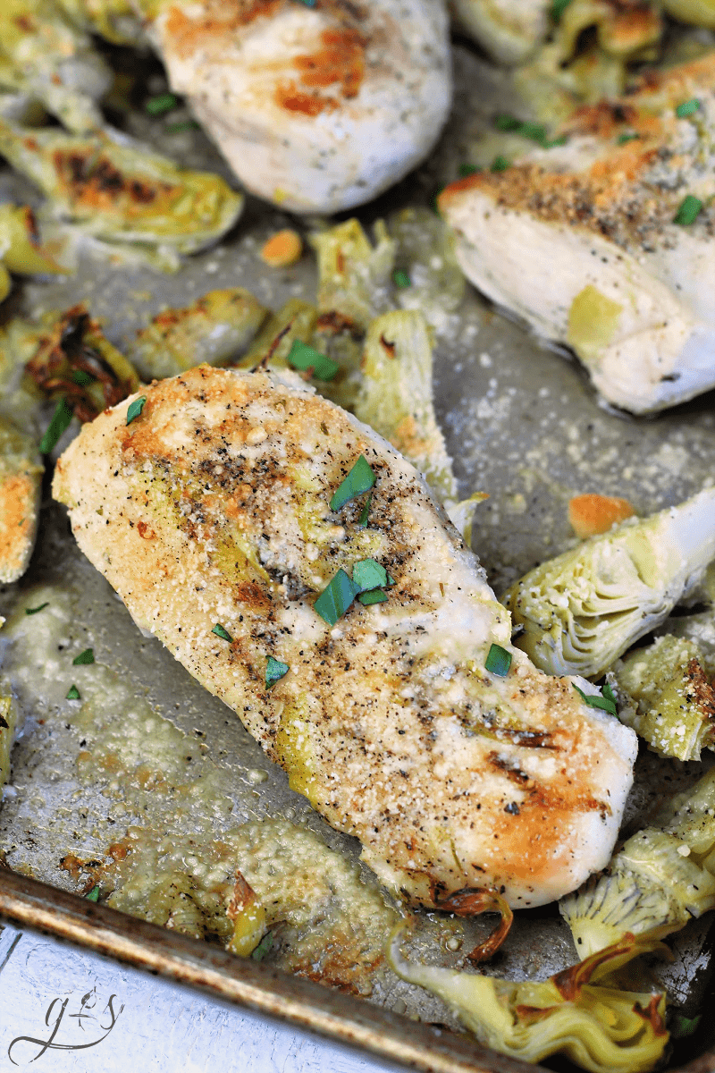 Chicken breasts and artichoke hearts on a sheet pan sprinkled with Parmesan cheese and broiled to a golden perfection.