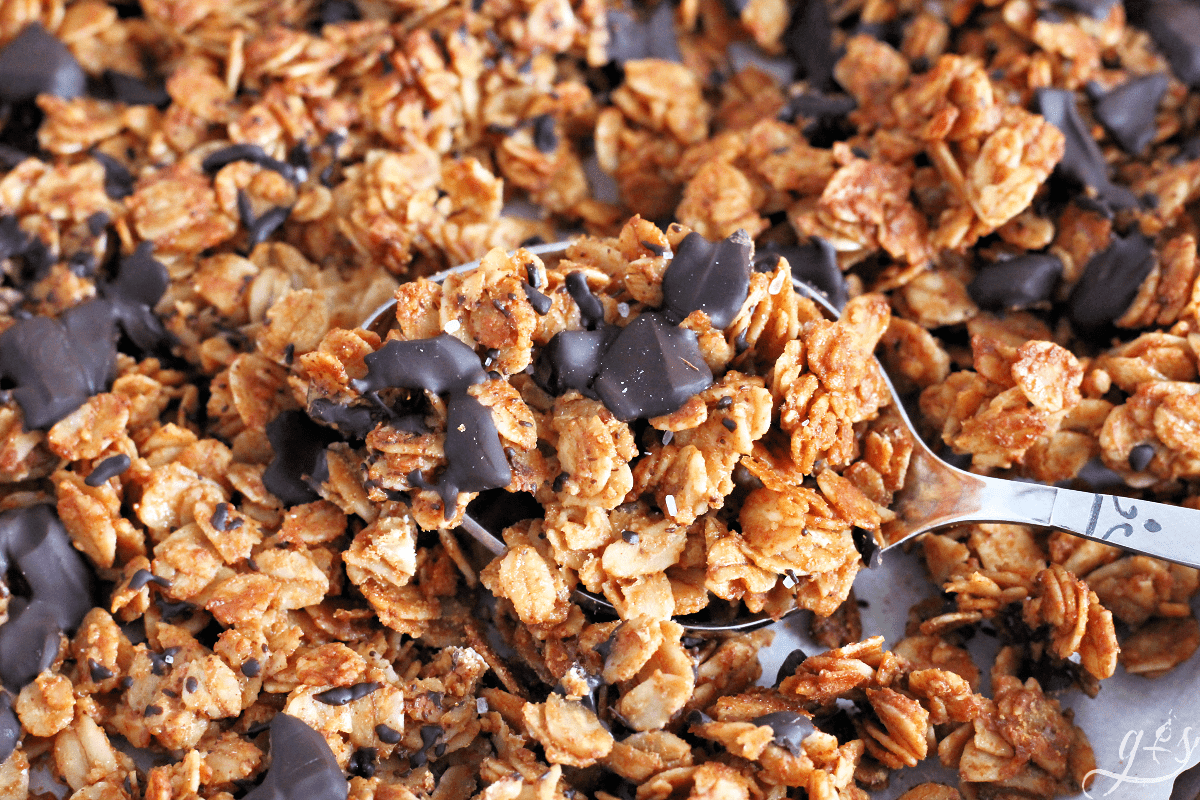 Spoonful of salted nut butter granola with chocolate chunks on a baking sheet.