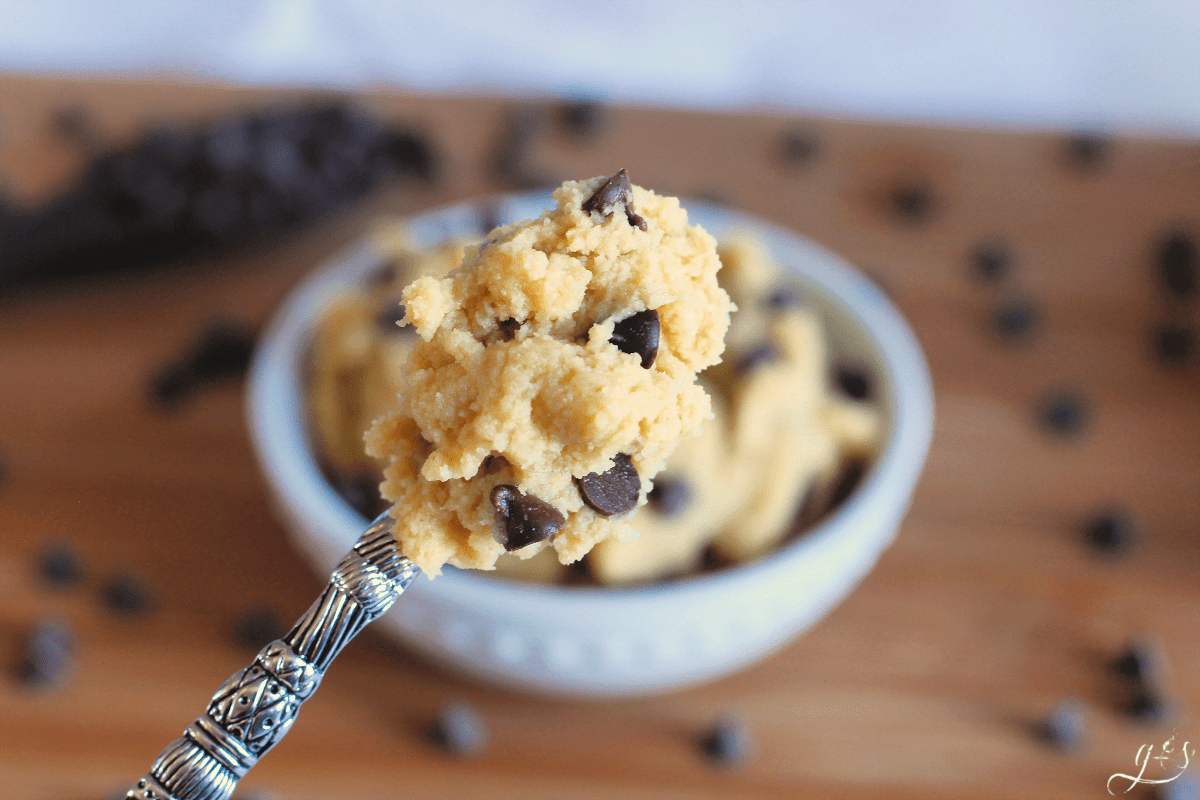 A big spoonful of batter with chocolate chips that is eggless, gluten free, full of protein, and vegan.