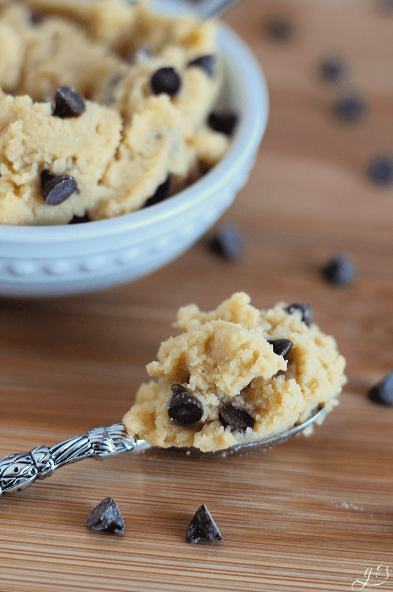 The BEST Skinny Cookie Dough | This healthy and clean eating cookie dough recipe is edible, eggless, and for one. So don't even think about sharing! Ha! It is vegan, gluten free, and utterly delicious. There are only 6 easy ingredients- protein powder, coconut flour, applesauce, vanilla and almond (or butter) extract, and chocolate chips. Snacks and desserts just got tasty with this low carb and grain free treat! #healthyrecipes #dessert #vegan #glutenfree #cleaneating