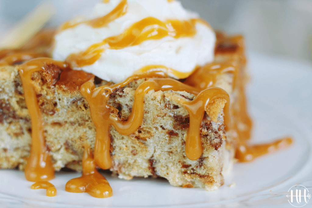 5 Ingredient Bread Pudding drizzled with caramel sauce.