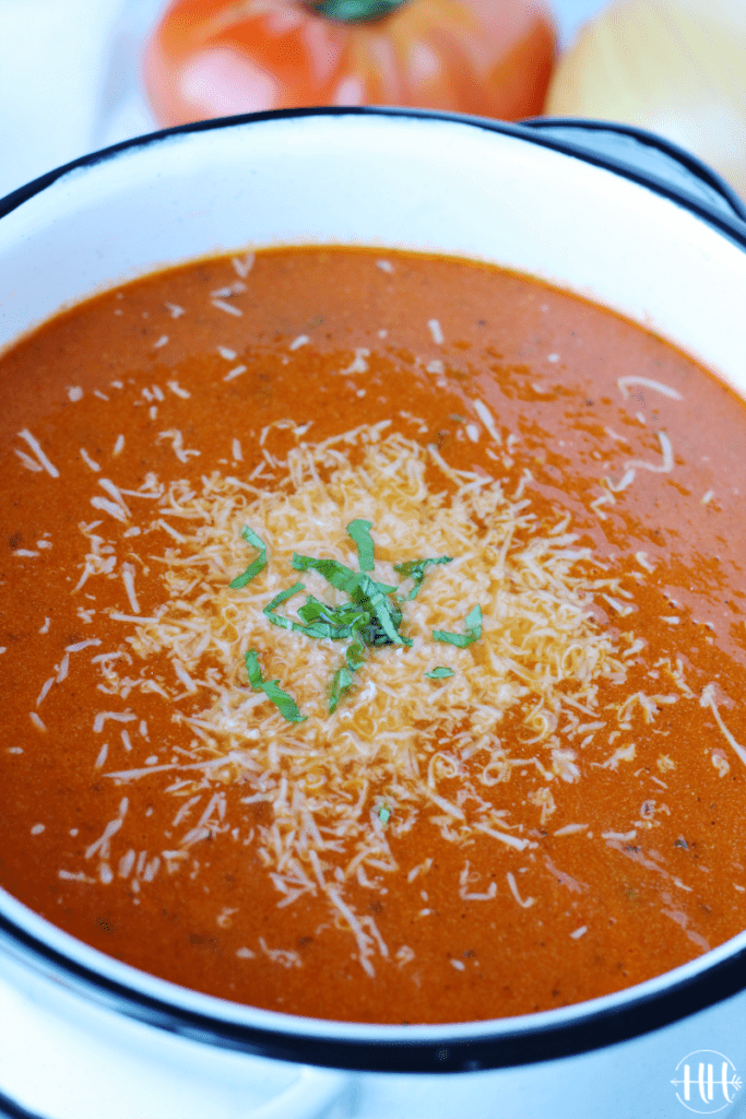 Vibrant red orange soup tomato basil soup topped with Parmesan cheese and chiffonade basil.