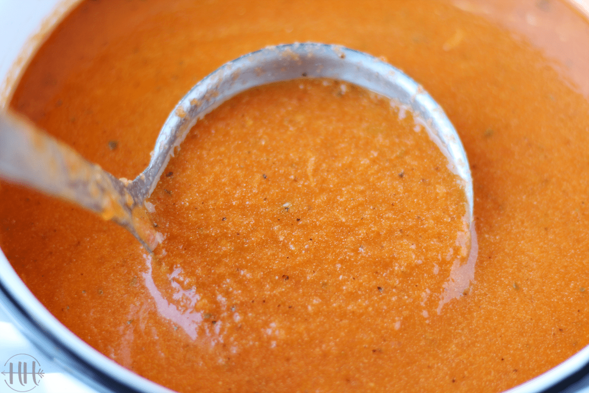 Up close photo of a soup ladle in a pot of warm homemade tomato soup.