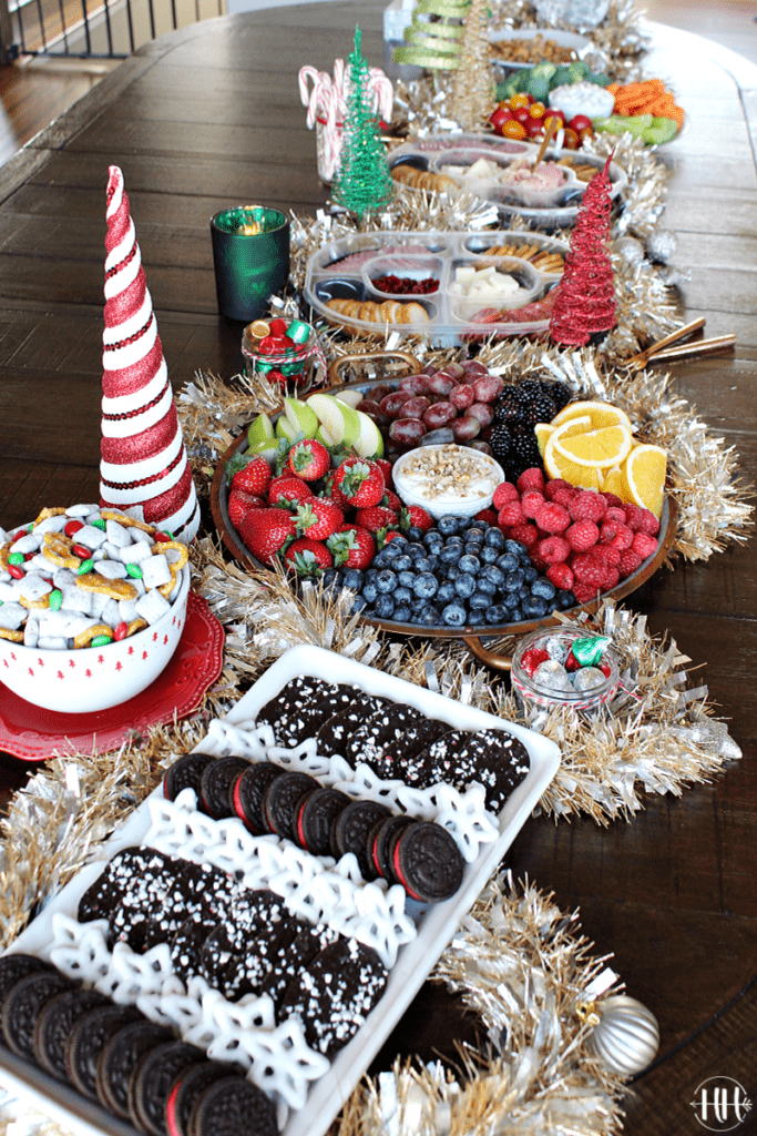 Easy Holiday Grazing Table on a dark farmhouse wooden table 