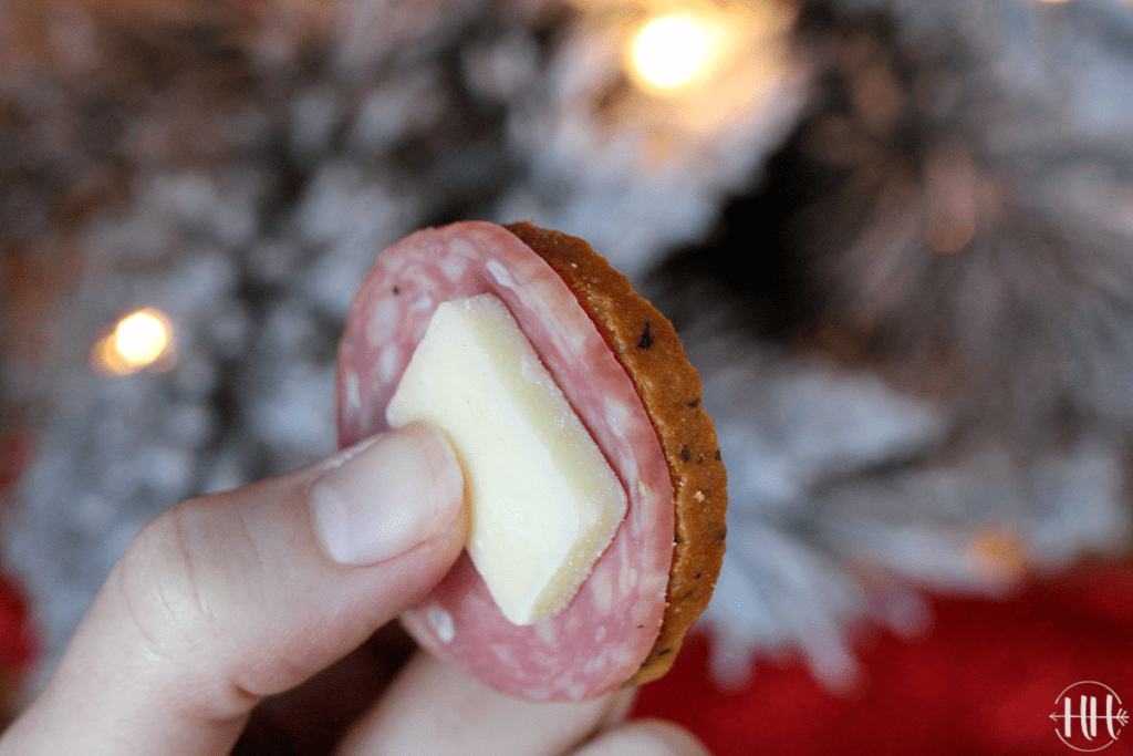 Garlic and Herb Toasted Rounds crackers with Genoa Salame and white cheddar.