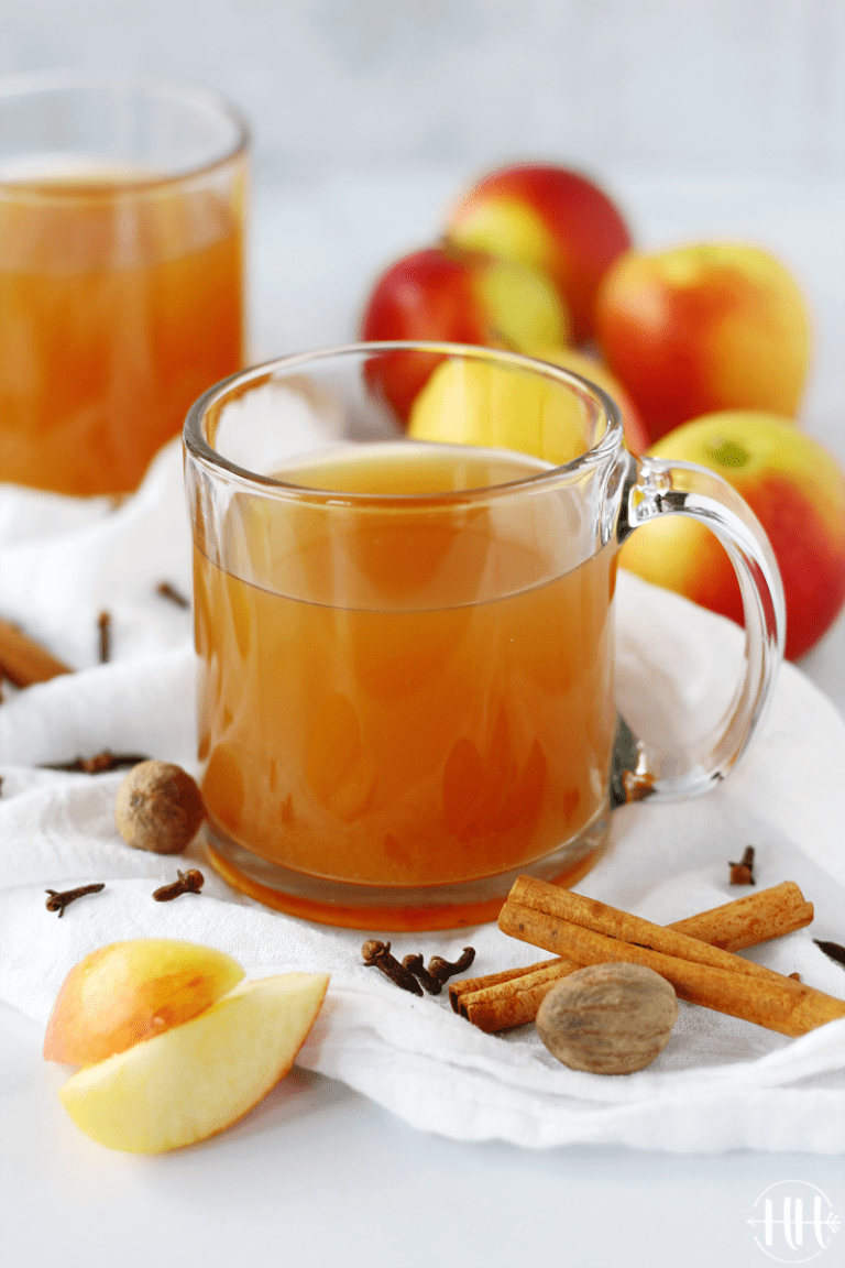 Clear mug full of refined sugar free crockpot apple cider.