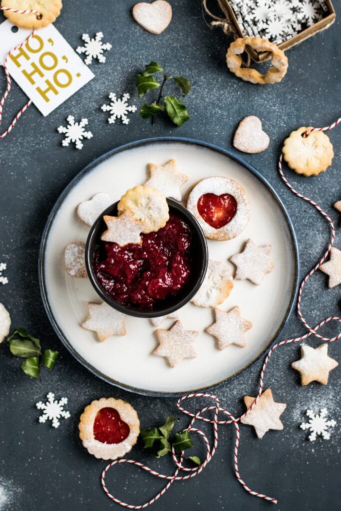 Christmas cookies with jam and plated beautifully for Christmas Dinner Meal Prep!