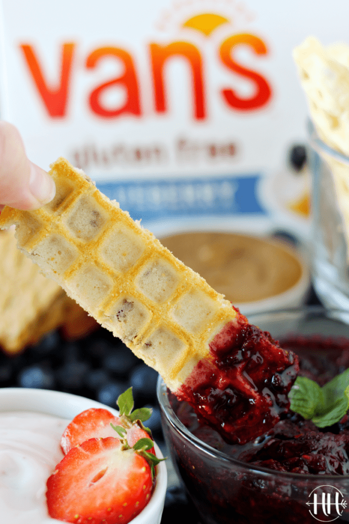 #ad Serve this Waffle Dippers Board at your next kids party, breakfast, or brunch. Van's frozen waffles are nutritious (gluten free, whole grain-protein packed!, and organic options) and easy to make into "soldiers" in this recipe idea. Use a pizza cutter to cut waffles and place on a cookie sheet, tray, or cutting board with sweet and savory dipping options like Greek yogurt, healthy nut butter, maple syrup, fruit compote, homemade whipped cream, ALL the toppings! #VansFoodsWaffles #vansfoods