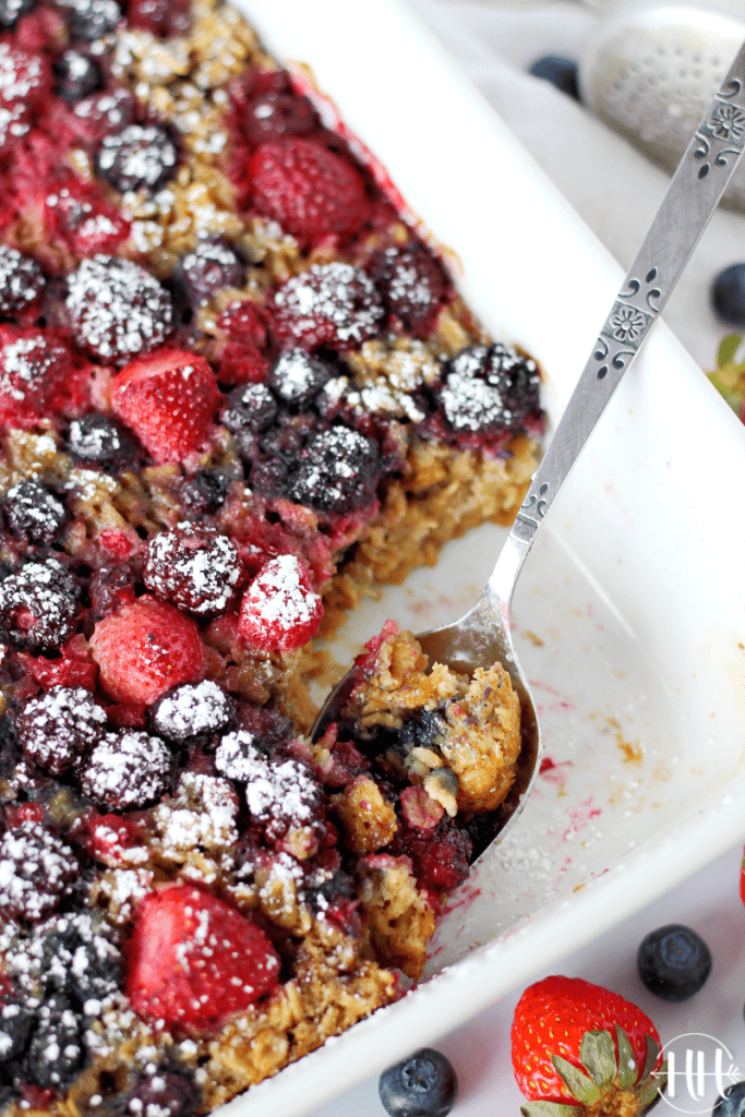 This Triple Berry Baked Oatmeal uses a 16 oz bag of frozen berries (strawberry, blueberry, raspberry), healthy old fashioned oats, coconut sugar (or maple syrup), and unsweetened almond milk. Refined sugar free, dairy free, and gluten free make this breakfast recipe healthy, easy, and clean eating. You can do no sugar too if you prefer. There are 4 eggs for added protein as well! The BEST meal prep option for those busy mornings. Bake - refrigerate- reheat! 