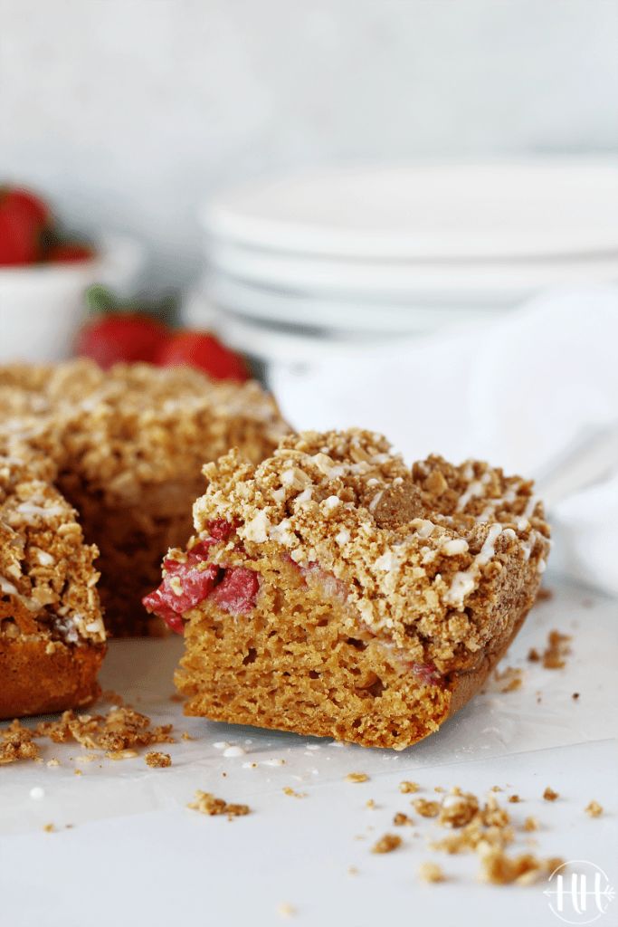 This simple gluten free, dairy free, and refined sugar free Strawberry Coffee Cake recipe is packed with strawberries and other healthy ingredients. Gluten free flour mix, coconut sugar, almond milk (coconut milk will work), eggs (try flax or chia eggs for vegan version), and coconut oil (butter) combine to make the most delicious weekend breakfast or easy brunch. Surprise the best mom in your world with this clean eating cake on Mother's Day this year! PS...You will love the crumb too!