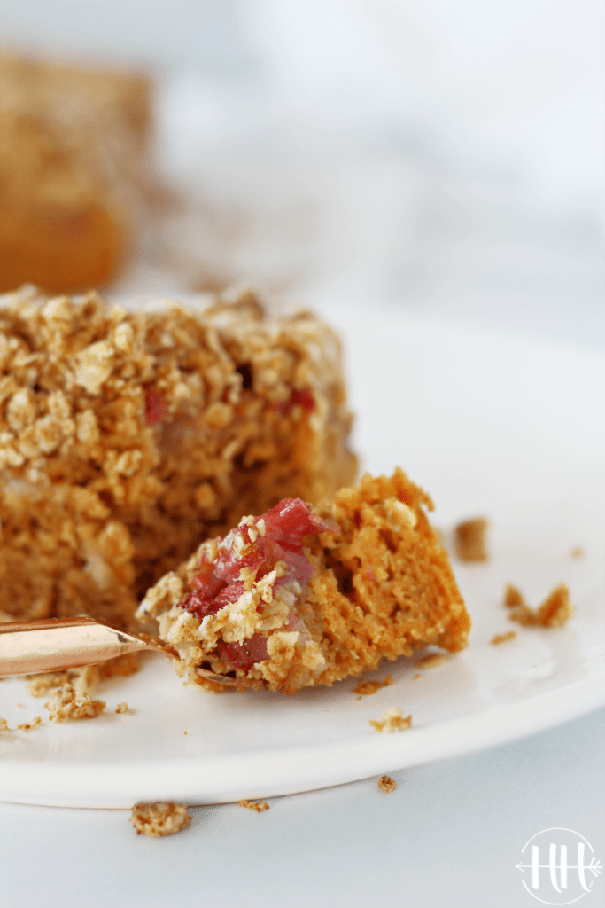 A forkful of a dairy free coffee cake recipe made with coconut sugar.