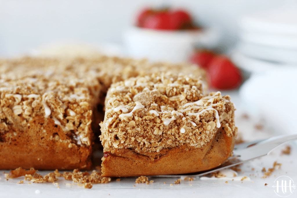 Beautiful piece of fluffy refined sugar free strawberry cake for brunch.