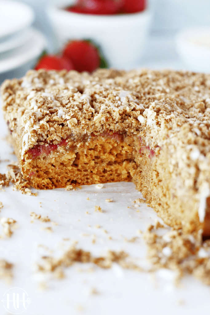 This simple gluten free, dairy free, and refined sugar free Strawberry Coffee Cake recipe is packed with strawberries and other healthy ingredients. Gluten free flour mix, coconut sugar, almond milk (coconut milk will work), eggs (try flax or chia eggs for vegan version), and coconut oil (butter) combine to make the most delicious weekend breakfast or easy brunch. Surprise the best mom in your world with this clean eating cake on Mother's Day this year! PS...You will love the crumb too!