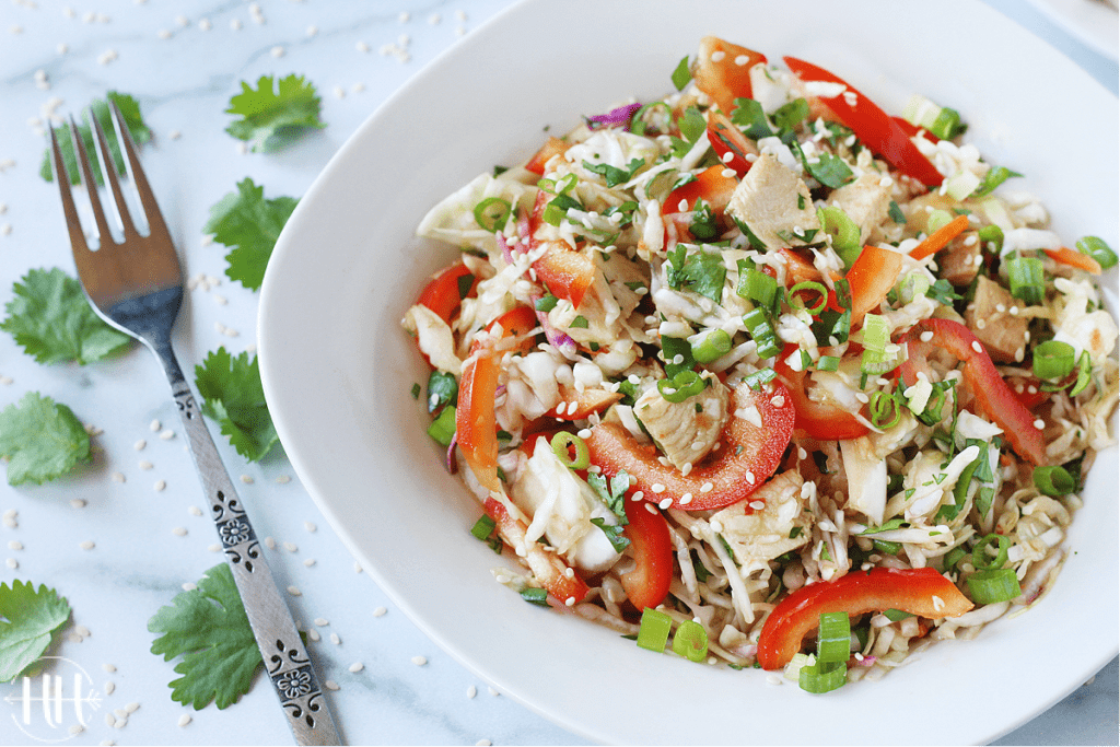Bright and fresh Chinese Chicken Salad in a white bowl.