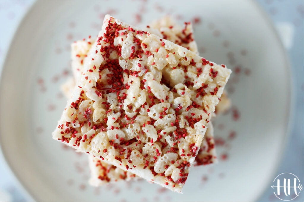 The top of Cranberry Seeds Rice Krispies Treats on a round plate.