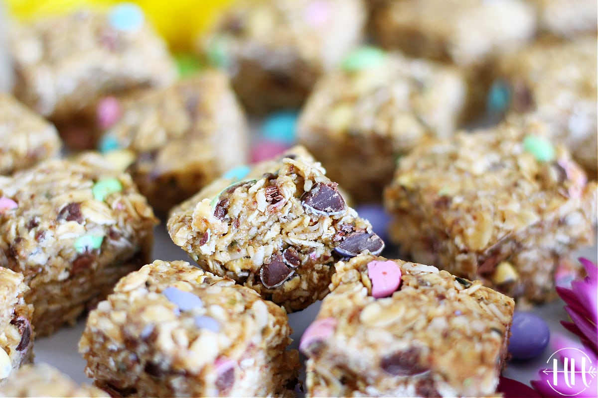 Up close photo of the side of an Easter energy bar with pastel M&Ms.