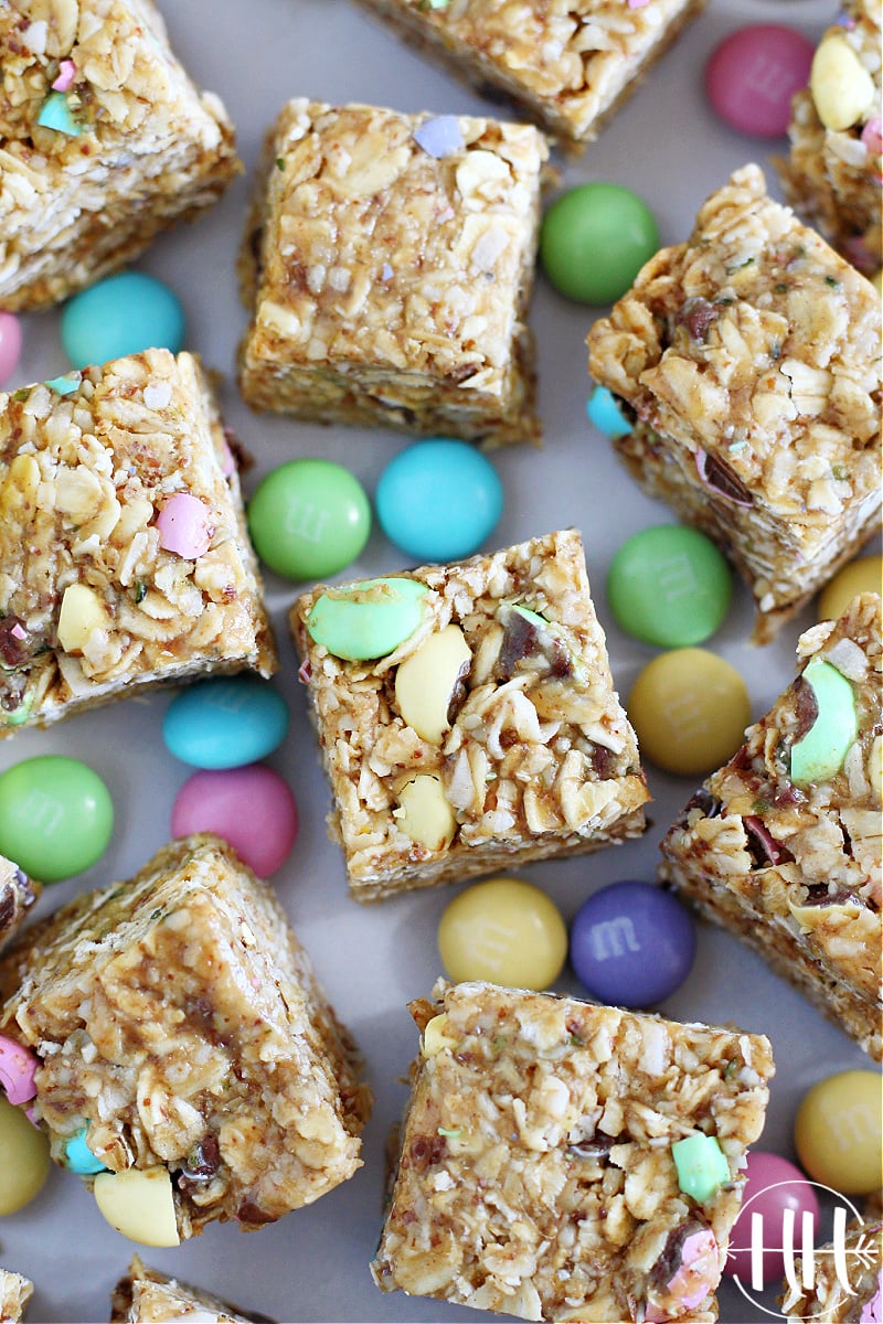 Overhead photo of Easter M&M Cookie Bars with pastel M&Ms.