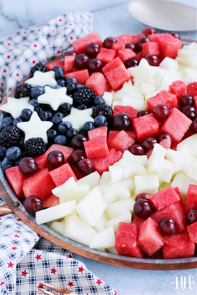 A fruit tray for Labor Day with red white and blue fruit salad. 