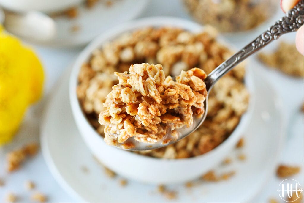 A spoon filled to the brim of gluten free homemade granola and plant based milk. 