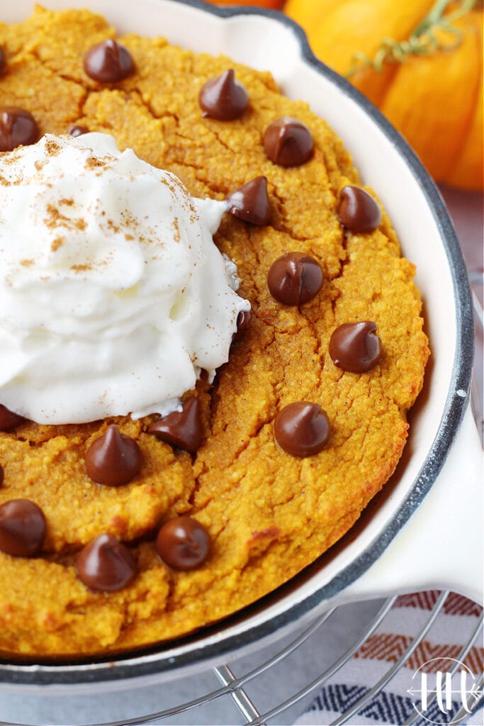 Close up shot of a baked pumpkin cake topped with coconut whipped cream and sprinkled with pumpkin pie spice. 