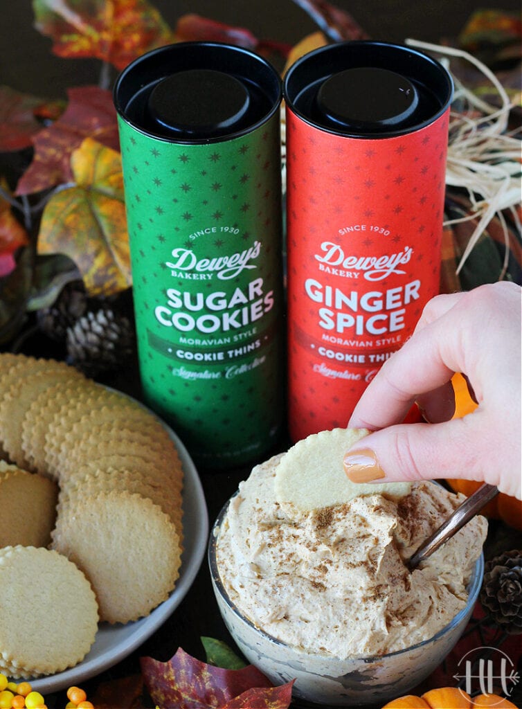 Dewey's Bakery Sugar Cookies and Ginger Spice Cookie Thins in their pretty red and green canisters. 