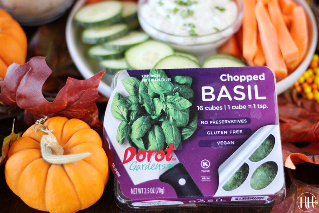 Dorot Gardens chopped and frozen basil cube added a a vegetable dip for Thanksgiving. 