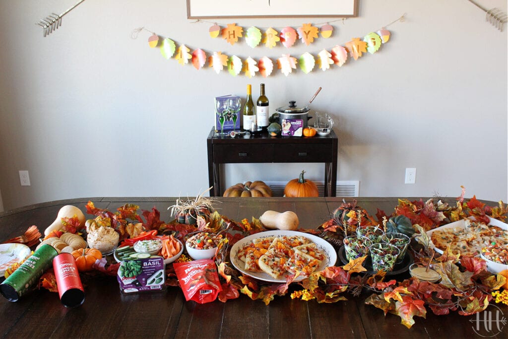 Thanksgiving tablescape complete with homemade flatbread pizza and wine. 