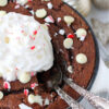 Two spoons in a peppermint chocolate protein cake topped with whipped cream.