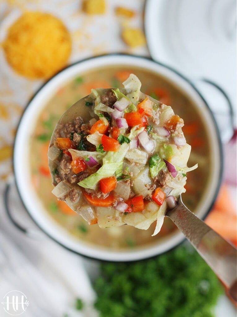 Ladle full of ground venison in a cheesy broth with tons of veggies. 