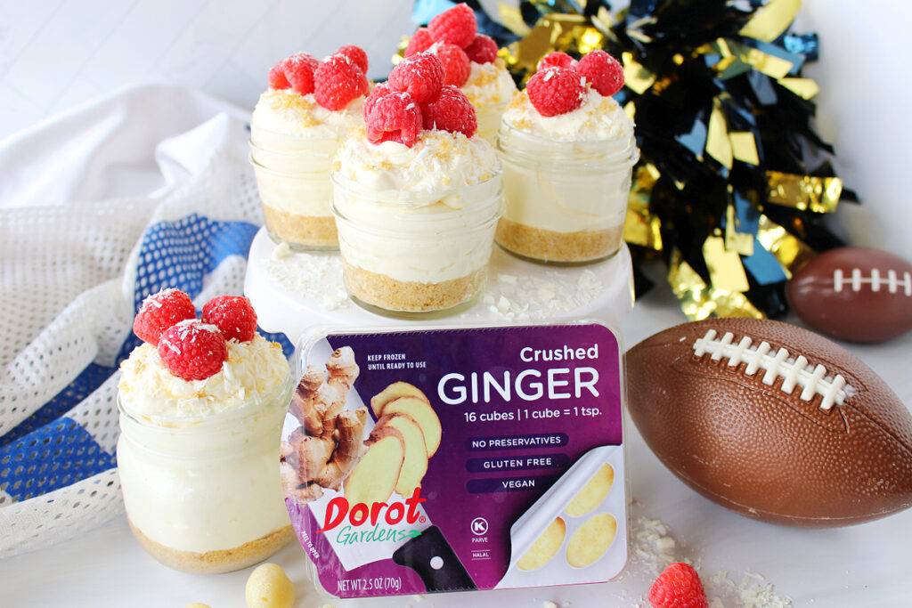 Dorot Gardens Crushed Ginger in white chocolate cheesecake jars for a dessert option for big game day snacks!