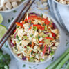 Wooden chopsticks sitting on a plate with a tangy cabbage and chicken slaw salad.
