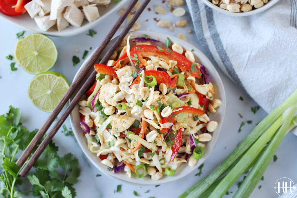 Birds eye view of a bowl of Thai chicken salad.