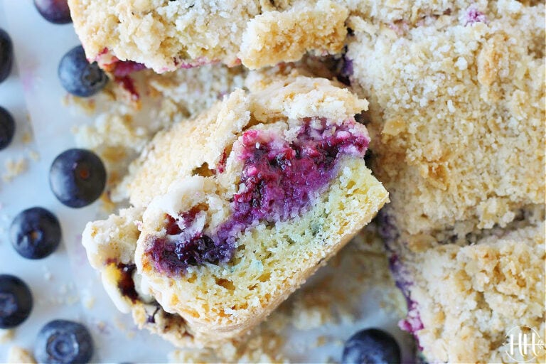 Overhead photo of a slice of blueberry coffee cake on it's side showing the layers,