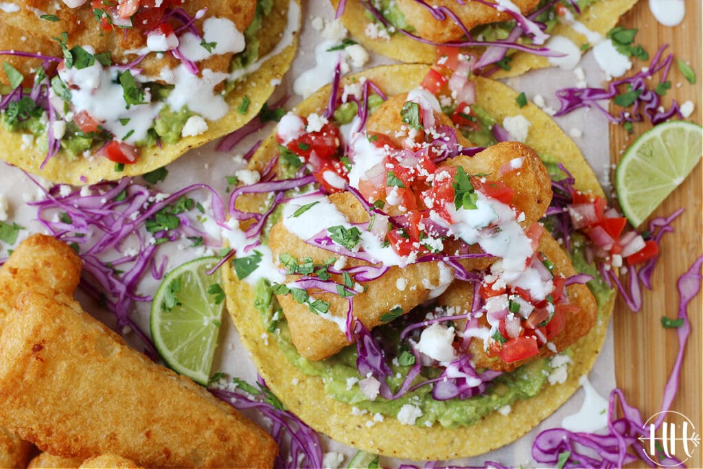 Crunchy Air Fryer Fish Tostadas with colorful veggies.