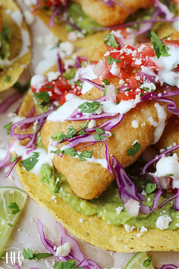 Air Fryer Fish Tostadas with cotija or queso fresco cheese. 