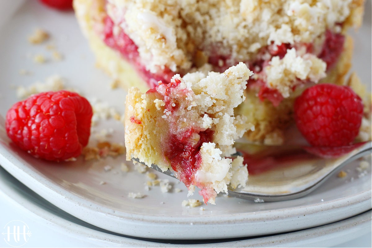 A piece of raspberry coffee cake on a fork surrounded by fresh raspberries.