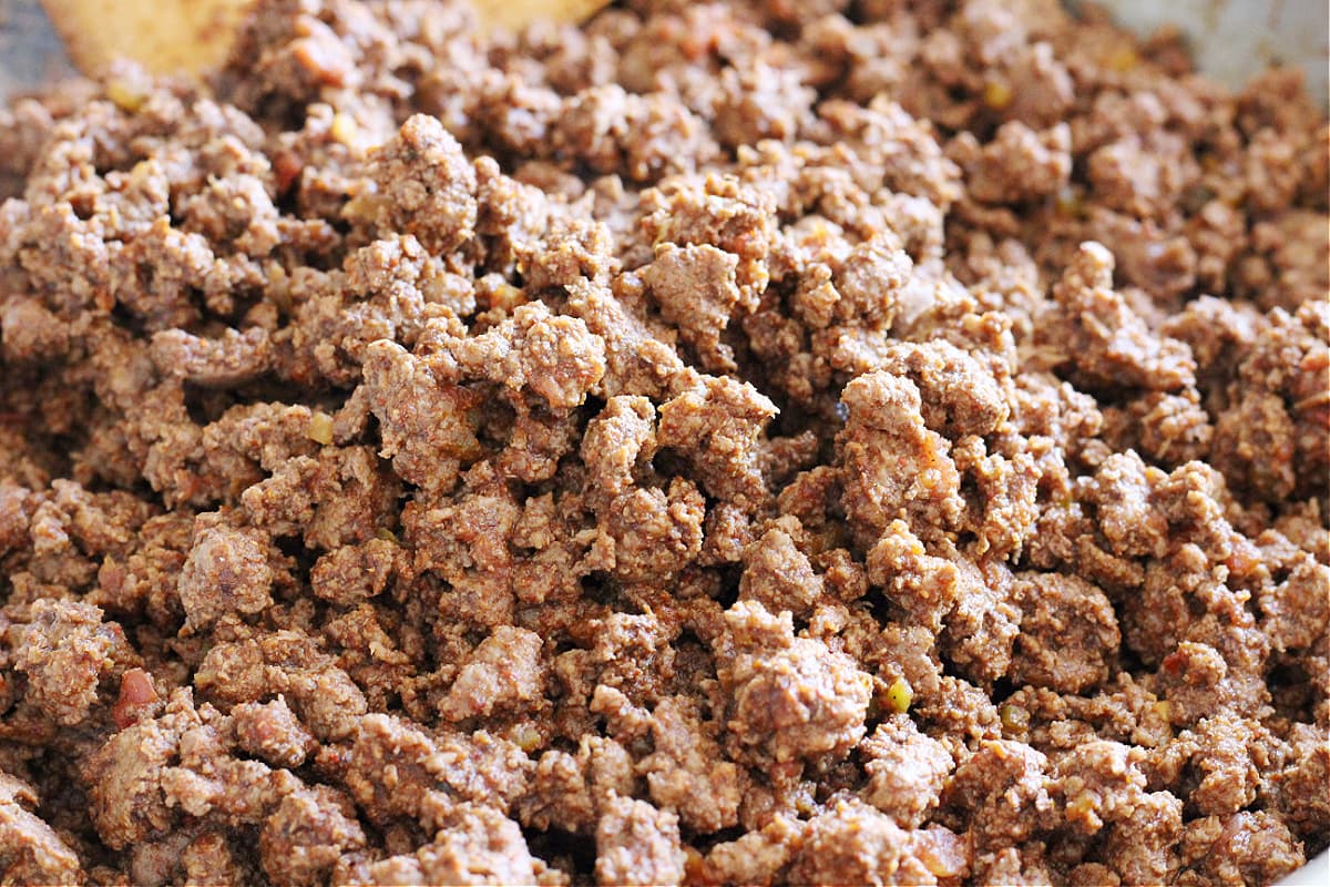 Up close photo of taco meat using ground venison and DIY taco seasoning mix.