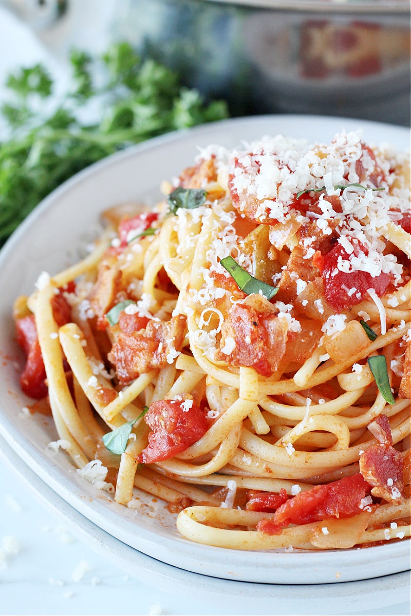Easy Pasta All'Amatriciana piled high on a white plate topped with Parmesan cheese.