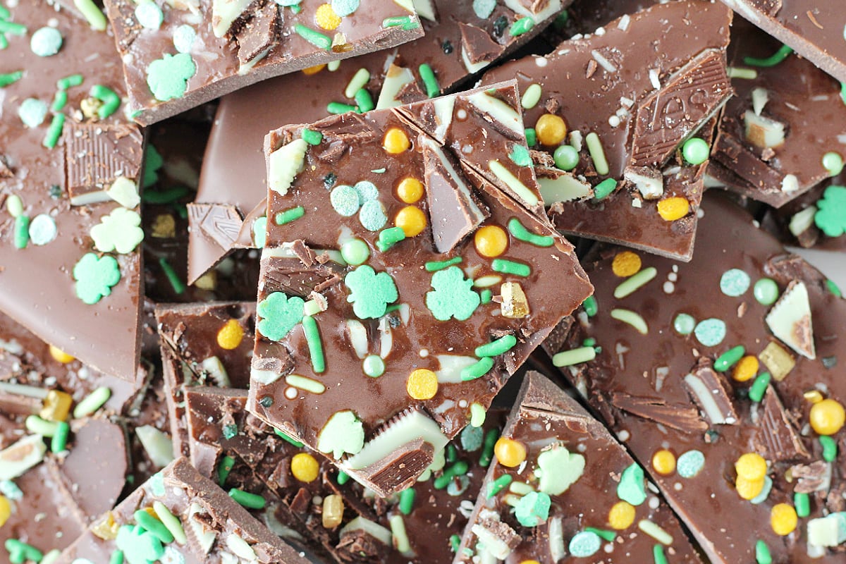 Overhead photo of Easy Leprechaun Bark made with St. Patrick's Day sprinkles and Andes Mints.