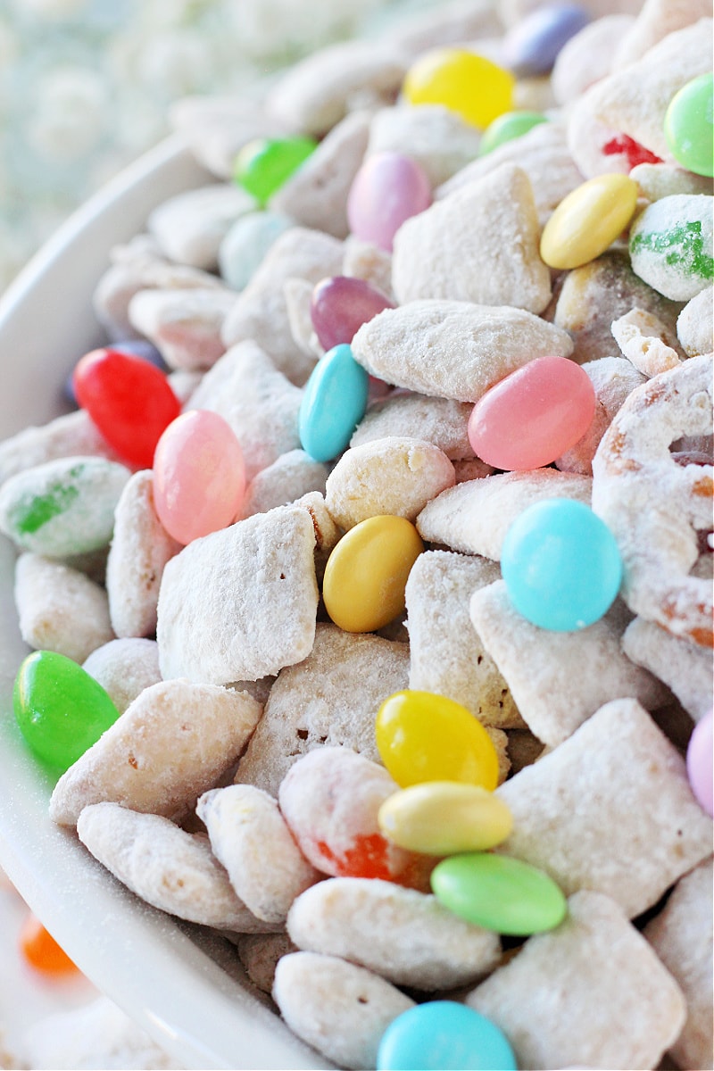 Up close photo of Easter Bunny Bait with jelly beans and pastel M&Ms.