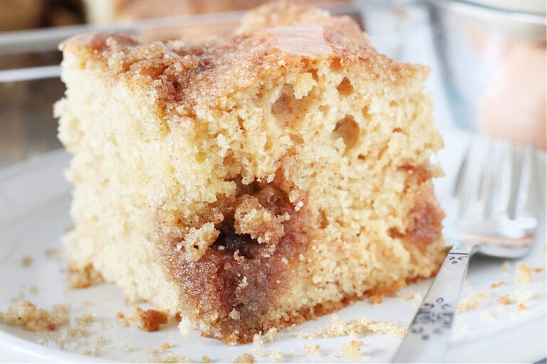 Up close photo of a square of the best cowboy bread with a fork.