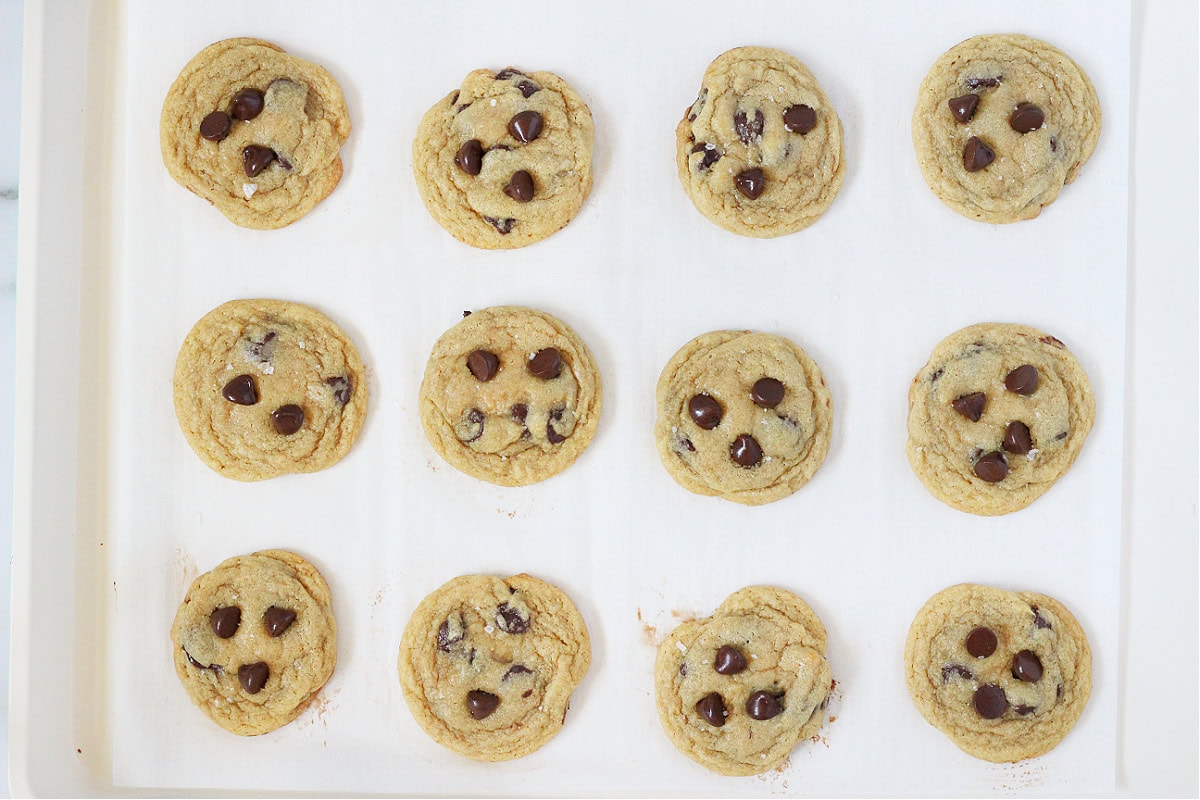 Overhead photo of twelve baked chocolate chip cookies on a sheet pan.