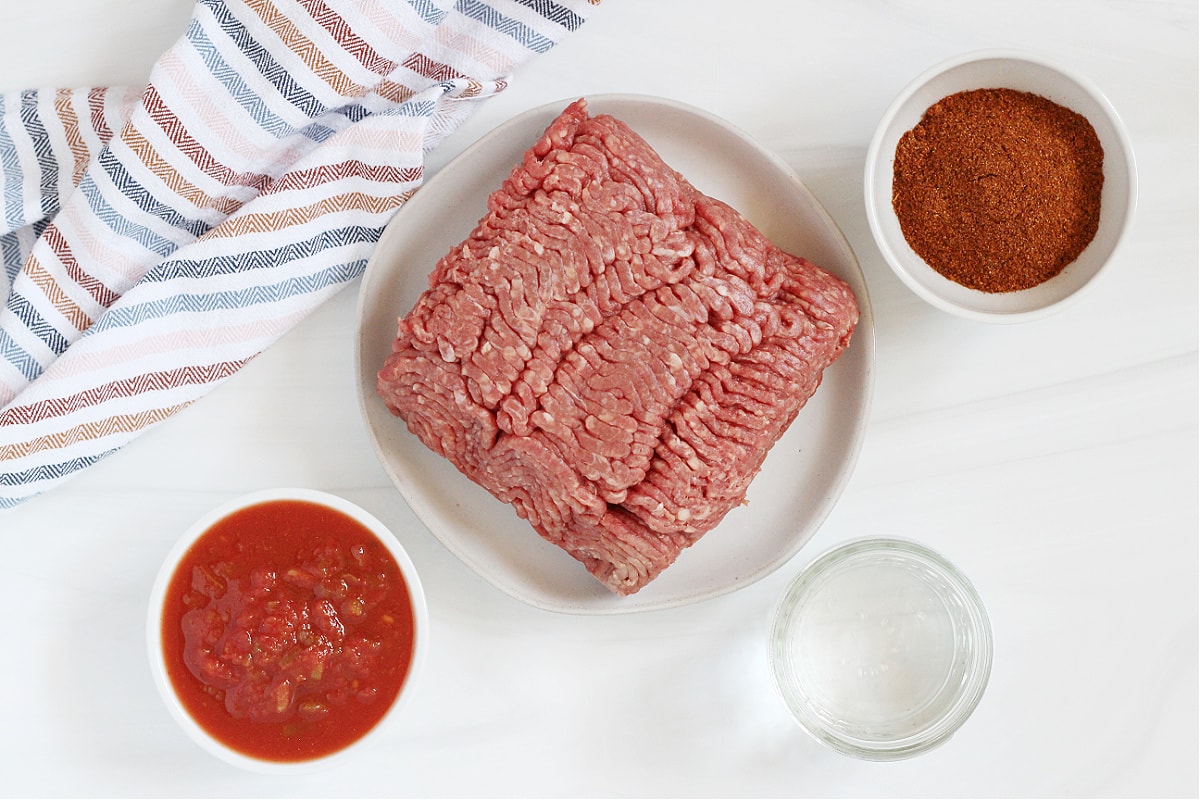 Raw ground beef on a plate surrounded by bowls of taco seasoning, salsa and water.