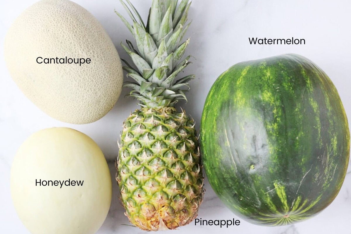 A whole watermelon, pineapple, cantaloupe and honey dew melon on a white countertop.
