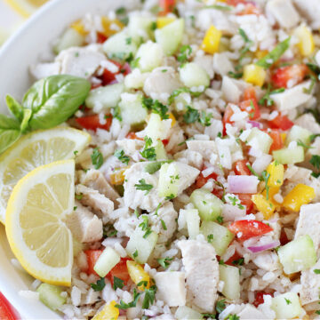 Up close photo of a chicken and rice salad with fresh basil and lemon slices.