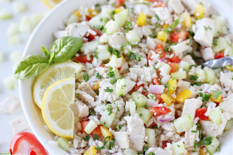 Up close photo of a chicken and rice salad with fresh basil and lemon slices.