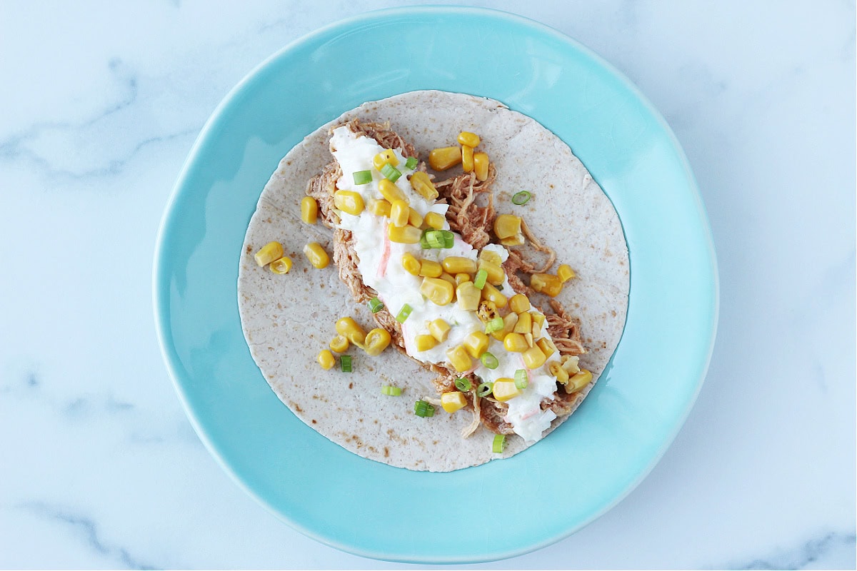 Overhead photo of green onions topping a BBQ chicken taco.