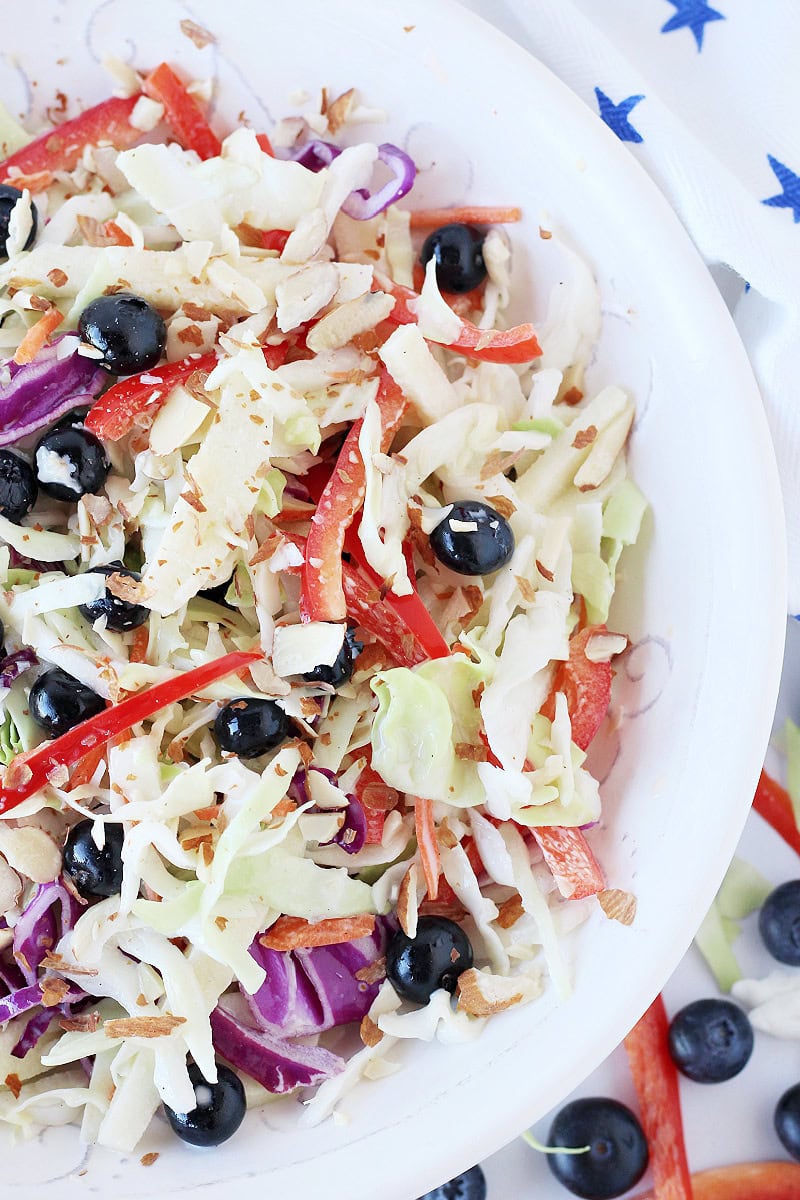 Overhead photo of a patriotic cabbage salad with blueberries and red bell pepper.