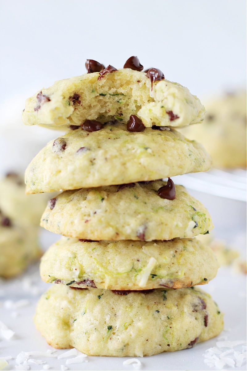 A stack of five chocolate chip coconut zucchini cookies.